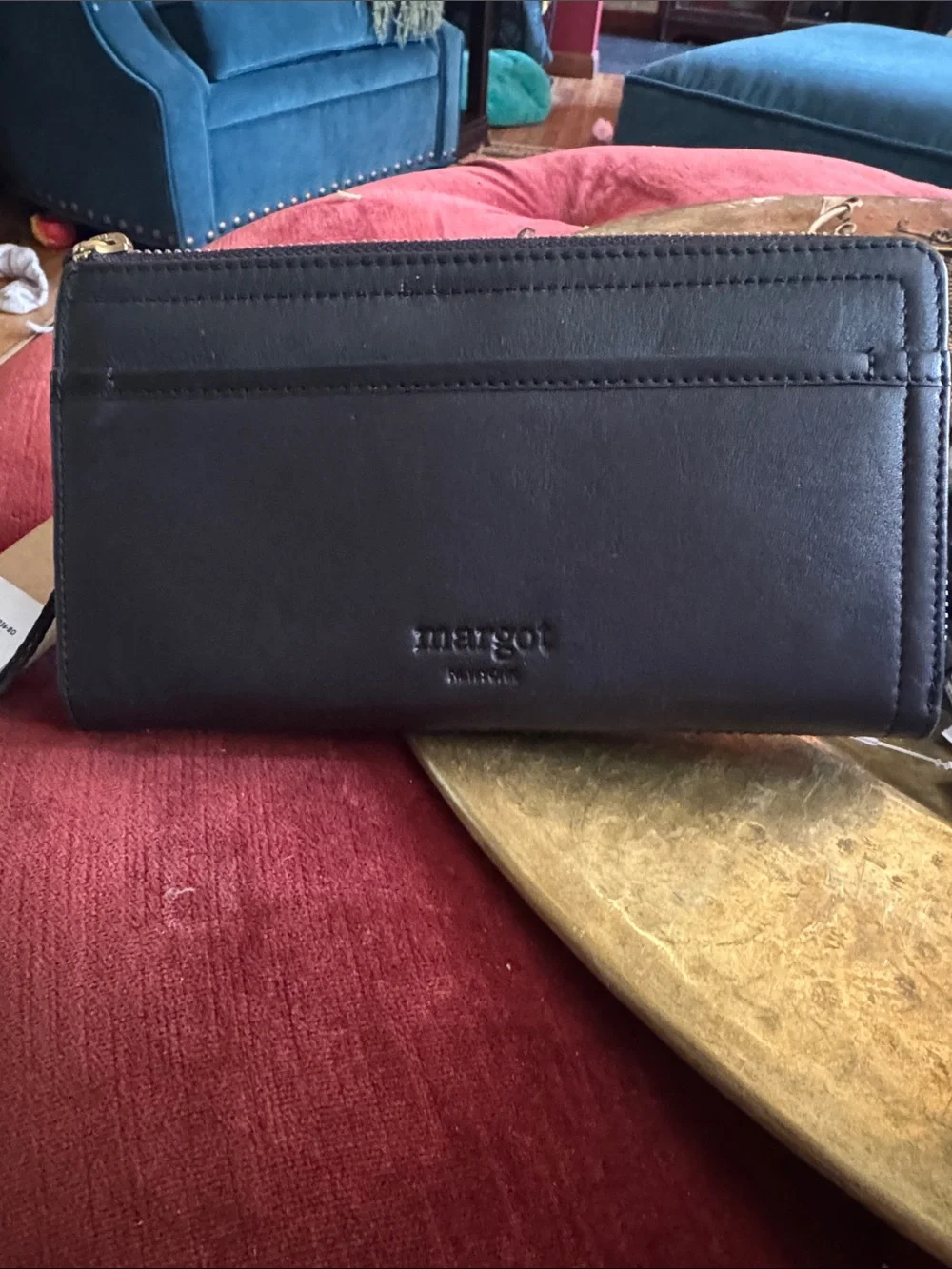 margot Black Leather Zip-Around Wallet with Exterior Card Slots